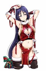Rule 34 | 1girl, alternate costume, armpits, arms up, bell, black socks, blue eyes, blue hair, breasts, cleavage, cleavage cutout, closed mouth, clothing cutout, fate/grand order, fate (series), full body, hair bell, hair ornament, heart cutout, kneehighs, large breasts, long hair, looking away, low-tied long hair, minamoto no raikou (fate), navel, pelvic curtain, relaxjon, sideboob, smile, socks, solo, stomach, thighhighs, very long hair