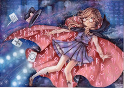 Rule 34 | 1girl, :d, brown hair, cape, cityscape, clothes writing, dated, full moon, glasses, hat, unworn hat, unworn headwear, low twintails, moon, mosho, open mouth, pleated skirt, red-framed eyewear, runes, shirt, short hair, signature, skirt, smile, solo, touhou, twintails, usami sumireko, vest, zener card