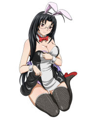 Rule 34 | 00s, 1girl, animal ears, artist request, black hair, bra, breasts, cleavage, clothes lift, clothes pull, detached collar, dress, dress lift, dress pull, fake animal ears, female focus, glasses, high heels, ikkitousen, kaku bunwa, large breasts, long hair, looking at viewer, panties, rabbit ears, red footwear, simple background, solo, source request, thighhighs, underwear, white background, wrist cuffs
