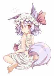 Rule 34 | 1girl, alternate costume, animal ears, ass cutout, back, bare shoulders, barefoot, clothing cutout, dress, feet, fox ears, fox tail, full body, ging1993, hat, hat ribbon, heart, highres, kemonomimi mode, light purple hair, looking at viewer, looking back, mob cap, mouth hold, red eyes, remilia scarlet, ribbon, short hair, simple background, sitting, sleeveless, solo, tail, touhou, white background
