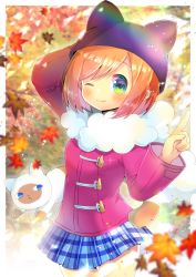 Rule 34 | 1girl, ;), animal, animal ears, animal hat, arm behind head, arm up, autumn leaves, black hat, blue eyes, blue skirt, blurry, blurry background, blurry foreground, blush, brown hair, cat, character request, closed mouth, commentary request, depth of field, fake animal ears, fur collar, green eyes, hat, index finger raised, jacket, kou hiyoyo, leaf, long sleeves, maple leaf, one eye closed, pink jacket, plaid, plaid skirt, pleated skirt, pop&#039;n music, skirt, smile, solo, swept bangs, thigh gap, wide sleeves