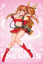 Rule 34 | 1girl, alcohol, beer, belt, belt skirt, blush, boots, bow, breasts, brown eyes, brown hair, christmas, commentary request, elbow gloves, full body, fur trim, gaien nozomi, gloves, gradient background, hair bow, hat, highres, holding, knee boots, large breasts, logo, long hair, looking at viewer, miniskirt, navel, official art, open mouth, pom pom (clothes), re:shimashima, red footwear, red gloves, santa costume, santa hat, skirt, sleeveless, smile, snowflake background, tokyo exe girls