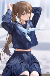 Rule 34 | 1girl, absurdres, aqua neckerchief, artist name, bench, blue sailor collar, blue serafuku, blue shirt, blue skirt, blurry, blurry background, brown eyes, brown hair, closed mouth, commentary, hands in hair, hands up, highres, holding, holding hair, hy (hem oo), light blush, light particles, long hair, long sleeves, looking to the side, midriff peek, neckerchief, original, pleated skirt, ponytail, sailor collar, school uniform, serafuku, shirt, sitting, skirt, solo, straight-on, symbol-only commentary