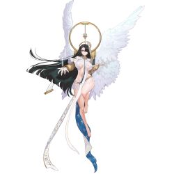 Rule 34 | 1girl, angel, angel wings, azazel (last origin), barefoot, blindfold, breasts, cleavage, covered erect nipples, feathered wings, full body, game cg, gloves, green hair, hair over one eye, halo, highres, huge breasts, last origin, long hair, looking at viewer, official art, purple eyes, rorobomb, solo, tachi-e, transparent background, underboob, very long hair, white gloves, wings