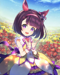 Rule 34 | 1girl, animal ears, back bow, black hair, blue sky, blunt bangs, bow, bowtie, child, commentary request, dress, ear covers, field, flower, flower field, hair ornament, hair ribbon, hairband, highres, horse ears, horse girl, horse tail, looking at viewer, multicolored clothes, multicolored dress, nishino flower (umamusume), outdoors, pink hairband, purple eyes, ribbon, sakino shingetsu, sky, sleeveless, sleeveless dress, smile, solo, striped, striped bow, tail, umamusume, wrist cuffs, x hair ornament