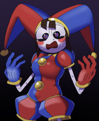 Rule 34 | 1girl, asymmetrical gloves, blue eyes, blue gloves, blue hat, blush stickers, brown hair, colored skin, gloves, hat, hat bell, highres, jester, jester cap, mismatched gloves, multicolored clothes, multicolored eyes, nagomami, open mouth, pomni (the amazing digital circus), red eyes, red gloves, red hat, solo, sweat, the amazing digital circus, white skin