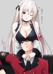 Rule 34 | 1boy, 1girl, armband, black hair, blush, breast rest, breasts, buttons, cleavage, commander (girls&#039; frontline), cross, double-breasted, girls&#039; frontline, griffin &amp; kryuger military uniform, hair between eyes, heart, highres, iron cross, jacket, jewelry, kar98k (girls&#039; frontline), keenh, long hair, long sleeves, looking at viewer, military, military uniform, one eye closed, open mouth, parted lips, red eyes, red jacket, ring, shirt, short hair, signature, smile, uniform, very long hair, wedding band, white hair, white shirt