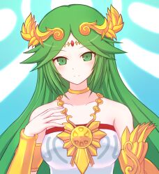 Rule 34 | 1girl, ancient greek clothes, armlet, bare shoulders, breasts, chiton, circlet, collarbone, dress, forehead jewel, gold, green eyes, green hair, hand on own chest, jewelry, kid icarus, kid icarus uprising, large breasts, laurel crown, long hair, nintendo, palutena, parted bangs, pendant, solo, suta (clusta), vambraces, very long hair, white dress