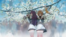 Rule 34 | 2girls, ahoge, arms behind back, beret, blonde hair, blue eyes, blue hair, blurry, blurry background, branch, briefcase, camera, cardcaptor sakura, cherry blossoms, commentary request, creature, daidouji tomoyo, day, flying, green eyes, hair intakes, hairband, hat, highres, holding, holding camera, hoshimawa, kero (cardcaptor sakura), kinomoto sakura, kyubey, long hair, long sleeves, looking at viewer, looking to the side, mahou shoujo madoka magica, mahou shoujo madoka magica (anime), multiple girls, outdoors, pleated skirt, profile, school uniform, serafuku, skirt, standing, taking picture, tomoeda elementary school uniform, when you see it, white hat, white skirt, wings