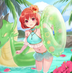 Rule 34 | 1girl, :d, bare shoulders, beach, bikini, bikini skirt, blue bikini, blue sky, blush, cloud, collarbone, fire emblem, fire emblem: mystery of the emblem, flower, green innertube, hair flower, hair ornament, hairband, haru (nakajou-28), hibiscus, holding, holding swim ring, inflatable raft, inflatable toy, innertube, jewelry, looking at viewer, maria (fire emblem), necklace, nintendo, open mouth, palm tree, partially submerged, pendant, red eyes, red hair, short hair, sky, smile, solo, stomach, swim ring, swimsuit, tree, water