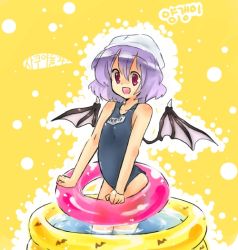 Rule 34 | 1girl, :d, bat wings, cowboy shot, fang, female focus, happy, innertube, korean text, name tag, one-piece swimsuit, open mouth, pool, purple hair, red eyes, remilia scarlet, school swimsuit, smile, solo, standing, swim cap, swim ring, swimsuit, touhou, wading, wading pool, wings, yellow background