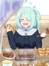 Rule 34 | 1girl, blue archive, blue hair, bowl, bread, breasts, closed eyes, crying, food, fork, highres, hiyori (blue archive), holding, holding food, holding fork, large breasts, long hair, long sleeves, open mouth, plate, side ponytail, solo, soup, steak, steam, streaming tears, table, takoyaki, tears, yojiro kuji