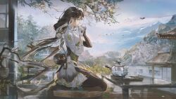 Rule 34 | 1girl, absurdres, architecture, black pantyhose, east asian architecture, from side, highres, kneeling, lake, liyuliyuzhou, long hair, mountain, pantyhose, teapot, very long hair, wuthering waves