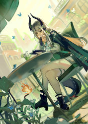 Rule 34 | 1girl, absurdres, arknights, black footwear, black shirt, blue butterfly, book, boots, bug, building, butterfly, chair, crossed legs, dragon girl, dragon horns, dragon tail, dutch angle, fire, flame-tipped tail, flower, food, fruit, green eyes, green jacket, highres, holding, holding book, horns, insect, jacket, jacket on shoulders, lime (fruit), lime slice, long sleeves, natsuba002, open book, open clothes, open jacket, outdoors, railing, reading, reed (arknights), shirt, sitting, skirt, solo, table, tail, thigh strap, umbrella, white butterfly, white flower, white skirt