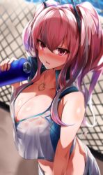 Rule 34 | 1girl, azur lane, bare shoulders, blush, bow, breasts, bremerton (azur lane), bremerton (scorching-hot training) (azur lane), chain-link fence, commentary, crop top, crop top overhang, fence, grey hair, hair between eyes, hair bow, hair ornament, hairclip, heart, heart necklace, highres, jewelry, large breasts, long hair, looking at viewer, mamezou (tzakki023), mole, mole under eye, multicolored hair, necklace, nose blush, open mouth, pink hair, see-through, streaked hair, tongue, tongue out, twintails, two-tone hair, two-tone shirt, two-tone skirt, upper body, wet, wet clothes, x hair ornament