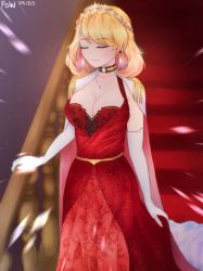 Rule 34 | 1girl, alternate costume, azur lane, bad id, bad pixiv id, blonde hair, braid, breasts, cape, choker, cleavage, closed eyes, closed mouth, crown braid, dress, earrings, eyeshadow, gem, gloves, highres, jewelry, large breasts, makeup, metal belt, necklace, prince of wales (azur lane), pumpkinpaii, red dress, red eyes, see-through, stairs, swept bangs, tiara, white cape, white gloves