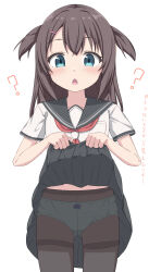 Rule 34 | 1girl, ?, black sailor collar, black skirt, blue eyes, blush, bow, bow panties, brown hair, commentary request, hair between eyes, hair ornament, hairclip, highres, lifted by self, long hair, looking at viewer, neckerchief, open mouth, original, panties, panties under pantyhose, pantyhose, pleated skirt, red neckerchief, sailor collar, school uniform, serafuku, shirt, short sleeves, simple background, skirt, solo, standing, takasuma hiro, thighband pantyhose, translated, two side up, underwear, white background, white panties, white shirt