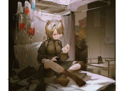 Rule 34 | 4girls, absinthe (arknights), animal ear fluff, animal ears, arknights, bandage on face, bandaged leg, bandages, bear ears, bed, black legwear, black neckwear, blonde hair, blue hair, book, breasts, brown hair, brown jacket, brown shirt, chinese commentary, closed mouth, collared shirt, egg (food), expressionless, food, fried egg, frying pan, full body, glasses, gummy (arknights), hair ornament, hairclip, hat, holding, holding book, holding frying pan, indian style, indoors, intravenous drip, istina (arknights), jacket, looking at another, looking down, medium breasts, multicolored hair, multiple girls, necktie, open clothes, open jacket, open mouth, pantyhose, parted bangs, peeking out, pillow, polishing, red eyes, red hair, round eyewear, shirt, short hair, shuaijiaodegentou, sitting, smile, solo focus, streaked hair, torn clothes, torn legwear, two-tone hair, zima (arknights)