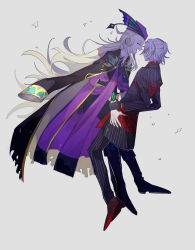 Rule 34 | ^ ^, absurdres, antonio salieri (fate), antonio salieri (second ascension) (fate), bags under eyes, between legs, black gloves, blonde hair, claws, clenched teeth, closed eyes, coat, coat on shoulders, curly hair, disgust, fang, fate/grand order, fate (series), formal, from side, full body, gloves, grey hair, half updo, hat, highres, holding another&#039;s wrist, kittchi (kmmr 004), long hair, long sleeves, looking at another, male focus, open mouth, pinstripe pattern, pinstripe suit, purple headwear, red eyes, short hair, simple background, skin fang, smile, striped, suit, teeth, torn clothes, torn coat, very long hair, white background, wide-eyed, wolfgang amadeus mozart (fate), yaoi