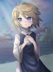 Rule 34 | 1girl, beach, blonde hair, bottle, chromatic aberration, cloud, collared shirt, crying, crying with eyes open, evillious nendaiki, habit, hair ornament, hairclip, half-closed eyes, highres, holding, holding bottle, kagamine rin, light rays, looking afar, message in a bottle, nun, ocean, parted lips, regret message (vocaloid), riliane lucifen d&#039;autriche, sand, shirt, short hair, solo, streaming tears, sunbeam, sunlight, tears, traditional nun, urin (coconuts3252), vocaloid, wide sleeves