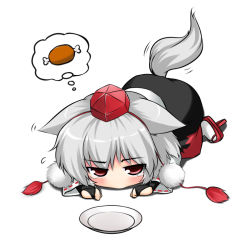 Rule 34 | 1girl, all fours, animal ears, blush, boned meat, bridal gauntlets, chibi, empty, female focus, food, gauntlets, geta, hat, hungry, inubashiri momiji, meat, plate, red eyes, shirt, short hair, silver hair, skirt, solo, tail, tail wagging, tears, touhou, wolf ears, wolf tail, wolflong