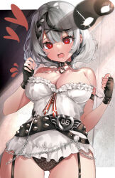 Rule 34 | 1girl, @ @, absurdres, bare shoulders, black gloves, black hair, black panties, blush, braid, breasts, camisole, chain, cleavage, ear piercing, eye mask, fingerless gloves, flying sweatdrops, frilled camisole, frills, garter straps, glint, gloves, grey hair, hair ornament, heart, heart-shaped pupils, highres, hololive, large breasts, laudayon, mask, unworn mask, medium hair, multicolored hair, open mouth, panties, piercing, red eyes, sakamata chloe, solo, strap slip, streaked hair, symbol-shaped pupils, underwear, virtual youtuber, white camisole, x hair ornament