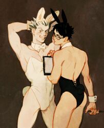 Rule 34 | 2boys, absurdres, akaashi keiji, animal ears, arms behind head, black eyes, black hair, black leotard, bokuto koutarou, bow, bowtie, brown background, bulge, chengongzi123, commentary, cowboy shot, crossdressing, detached collar, fake animal ears, fake tail, glasses, grey hair, grin, haikyuu!!, highres, leotard, looking at viewer, looking back, male focus, multicolored hair, multiple boys, parted lips, playboy bunny, rabbit ears, rabbit tail, short hair, simple background, smile, standing, streaked hair, symbol-only commentary, tail, thick eyebrows, very short hair, white bow, white bowtie, white leotard, wrist cuffs, yellow eyes