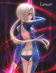 Rule 34 | 1girl, alternate hairstyle, ass, blue panties, breasts, butt crack, cosplay, cu chulainn (fate), cu chulainn (fate/stay night), cu chulainn (fate/stay night) (cosplay), fate/kaleid liner prisma illya, fate/stay night, fate (series), from behind, gae bolg (fate), glowing, highres, illyasviel von einzbern, legs together, looking at viewer, looking back, panties, parted lips, polearm, ponytail, red eyes, shoulder blades, shoulder pads, siraha, small breasts, solo, spear, standing, thigh gap, underwear, weapon, white hair