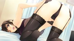 Rule 34 | 1girl, air conditioner, ass, bed sheet, black bra, black panties, black thighhighs, blush, bra, brown eyes, brown hair, crop top, curtains, dutch angle, from behind, from below, game cg, garter belt, garter straps, hand on own hip, indoors, izumi chiaki, kneeling, lace, lace-trimmed legwear, lace-trimmed panties, lace trim, lingerie, looking at another, looking back, nakamura takeshi, on bed, one eye closed, open mouth, panties, see-through, short hair, solo, tank top, teeth, thighhighs, thighs, thong, top-down bottom-up, underwear, underwear only, white album (series), white album 2