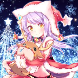 Rule 34 | 1girl, bell, blush, brown eyes, closed mouth, detached sleeves, eve santaclaus, furrowed brow, glint, groin, hat, head tilt, highres, idolmaster, idolmaster cinderella girls, idolmaster cinderella girls starlight stage, jingle bell, light purple hair, long hair, long sleeves, looking at viewer, mugi (user khzh5853), hugging object, red skirt, santa hat, skirt, smile, snowflakes, solo, star (symbol), stuffed animal, stuffed reindeer, stuffed toy