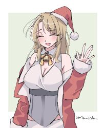 Rule 34 | 1girl, bell, blush, breasts, cleavage, closed eyes, coat, hat, highres, houston (kancolle), kantai collection, large breasts, light brown hair, long hair, long sleeves, neck bell, off shoulder, official alternate costume, open mouth, red coat, samekun (samekun s), santa hat, simple background, sleeveless, solo, twitter username, two-tone background, waving