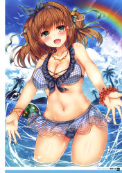Rule 34 | 1girl, :d, absurdres, armpits, artist name, ball, bare legs, bare shoulders, beachball, bikini, bikini skirt, bird, blue frills, blue sky, blush, bracelet, breasts, brown hair, cleavage, cloud, cloudy sky, collarbone, cowboy shot, day, dengeki moeou, eyes visible through hair, fang, flower, flower bracelet, food, framed image, frilled bikini, frills, from behind, fruit, gluteal fold, green eyes, green ribbon, hair between eyes, hair flower, hair ornament, hair ribbon, half-closed eyes, highres, island, jewelry, large breasts, looking at viewer, mountain, navel, necklace, official art, open hands, open mouth, original, outdoors, page number, palm tree, pearl bracelet, pearl hair ornament, pink lips, plaid, plaid bikini, plaid skirt, rainbow, red flower, ribbon, scan, seagull, seashell bracelet, shell hair ornament, shiny skin, skindentation, skirt, sky, smile, solo, splashing, standing, star (symbol), star necklace, sunlight, suzunone rena, swimsuit, themed object, tongue, tree, twintails, two side up, wading, water, water drop, watermelon, wet, yellow bracelet, yellow flower