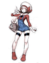 Rule 34 | 00s, 1girl, bow, brown eyes, brown hair, contrapposto, creatures (company), denim, full body, game freak, genzoman, hat, hat bow, holding, holding poke ball, long sleeves, looking at viewer, lyra (pokemon), nintendo, overalls, poke ball, pokegear, pokemon, pokemon hgss, short twintails, sketch, smile, solo, standing, thigh strap, thighhighs, twintails, white hat