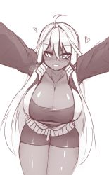 Rule 34 | 1girl, ahoge, bike shorts, breasts, breath, cleavage, collarbone, commentary, dark-skinned female, dark skin, english commentary, eyes visible through hair, greyscale, hair between eyes, hair ornament, heart, highres, huge breasts, kabedon, long hair, looking at viewer, monochrome, original, pov, simple background, sketch, solo, sub-res, torako (sub-res), very long hair, white background, x hair ornament