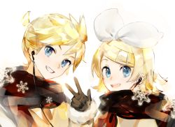 Rule 34 | 1boy, 1girl, black gloves, black scarf, blonde hair, blue eyes, bow, cable, chinese commentary, commentary, commentary request, earphones, english commentary, gloves, grin, hair bow, hair ornament, hairclip, hand up, kagamine len, kagamine rin, looking at viewer, mixed-language commentary, scarf, shared earphones, short hair, short ponytail, smile, snowflakes, spiked hair, swept bangs, upper body, vocaloid, w, white background, white bow, yyb
