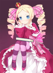 Rule 34 | 10s, 1girl, beatrice (re:zero), blonde hair, blue eyes, book, bow, bug, butterfly, butterfly-shaped pupils, crown, dress, drill hair, frilled dress, frilled sleeves, frills, hair ornament, hair ribbon, insect, kikistark, long hair, long sleeves, looking at viewer, pantyhose, re:zero kara hajimeru isekai seikatsu, ribbon, shoes, simple background, sitting, solo, striped clothes, striped pantyhose, symbol-shaped pupils, twintails