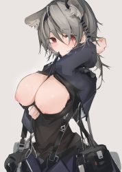 1girl absinthe_(arknights) animal_ears arknights bag black_neckwear black_shirt breasts breasts_out grey_background grey_hair hair_between_eyes highres large_breasts looking_at_viewer mikozin mouth_hold nipples red_eyes shirt short_hair simple_background solo sweat