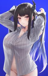 Rule 34 | 1girl, absurdres, arms up, black hair, black horns, blue background, blue hair, bottomless, breasts, cleavage, collared shirt, colored inner hair, cowboy shot, demon horns, hair flowing over, highres, hololive, hololive english, horns, large breasts, long hair, looking at viewer, mole, mole under eye, multicolored hair, nerissa ravencroft, nerissa ravencroft (1st costume), parted lips, red eyes, shirt, simple background, solo, two-tone hair, umamii, very long hair, virtual youtuber, white shirt