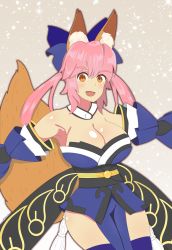 Rule 34 | 1girl, absurdres, animal ear fluff, animal ears, artist request, bare shoulders, blue kimono, blue ribbon, blue thighhighs, blush, breasts, detached sleeves, fate/extella, fate/extra, fate/extra ccc, fate/grand order, fate (series), fox ears, fox girl, fox tail, hair ribbon, highres, japanese clothes, kimono, large breasts, looking at viewer, open mouth, pink hair, ribbon, solo, tail, tamamo (fate), tamamo no mae (fate/extra), thighhighs, yellow eyes