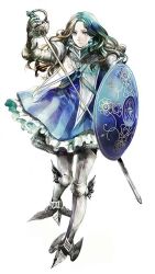 Rule 34 | 1girl, armor, blue skirt, chainmail, earrings, full body, gauntlets, gloves, greaves, grey eyes, grey footwear, grey gloves, holding, holding sword, holding weapon, jewelry, long hair, looking at viewer, rapier, sheath, shield, shirahama kamome, simple background, skirt, solo, sonorous sky: kenso no sora, standing, sword, wavy hair, weapon, white background