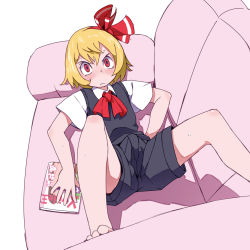 Rule 34 | 1boy, adapted costume, barefoot, blonde hair, blush, bulge, couch, d@i, erection, erection under clothes, genderswap, genderswap (ftm), hair ribbon, highres, magazine (object), male focus, red eyes, ribbon, rumia, shorts, spread legs, sweat, touhou, trap
