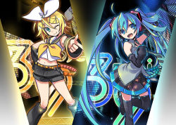 Rule 34 | 2girls, 39, belt, blonde hair, blue eyes, blue hair, boots, detached sleeves, green eyes, hair ornament, hair ribbon, hairclip, hand on own hip, hand on own chest, hatsune miku, headset, kagamine rin, leg warmers, long hair, midriff, multiple girls, navel, necktie, negi (ulog&#039;be), open mouth, ribbon, short hair, shorts, skirt, smile, thigh boots, thighhighs, twintails, very long hair, vocaloid, wink