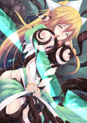 Rule 34 | 10s, 1girl, blonde hair, blush, bracelet, braid, grabbing another&#039;s breast, breasts, elf, grabbing, green eyes, jewelry, katori (mocchidou), large breasts, leafa, long hair, nipples, pointy ears, ponytail, puffy sleeves, rape, side braid, solo, sword art online, tentacles, torn clothes, twin braids