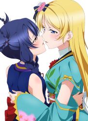 2girls angelic_angel ayase_eli blonde_hair blue_eyes blue_hair commission detached_sleeves eye_contact hair_rings highres imminent_kiss japanese_clothes light_blush long_hair looking_at_another love_live! love_live!_school_idol_project multiple_girls nagi_mkrnpn simple_background skeb_commission sonoda_umi upper_body white_background yellow_eyes yuri