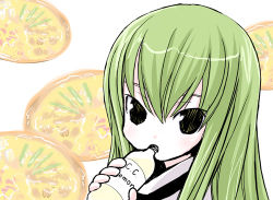 Rule 34 | 00s, 1girl, bottle, c.c., c.c. lemon, code geass, drinking, female focus, food, fruit, green eyes, green hair, kiira, lemon, lemon slice, looking at viewer, lowres, name connection, pizza, product placement, pun, simple background, solo, white background