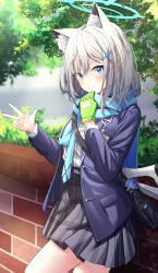 Rule 34 | 1girl, absurdres, animal ear fluff, animal ears, black bag, black skirt, blue archive, blue eyes, blue halo, blue jacket, blue necktie, blue scarf, blush, closed mouth, commentary request, cowboy shot, gloves, green gloves, grey hair, halo, hand up, highres, jacket, long sleeves, looking at viewer, medium hair, morupeusu, necktie, open clothes, open jacket, outdoors, pleated skirt, scarf, scarf grab, shiroko (blue archive), shirt, shirt tucked in, skirt, smile, solo, v, white shirt, wolf ears