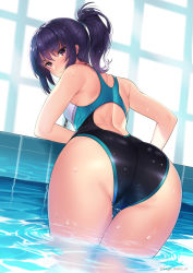 Rule 34 | 1girl, ass, closed mouth, commentary request, competition swimsuit, from behind, hair tie, highres, indoors, kagematsuri, leaning forward, legs together, looking at viewer, looking back, one-piece swimsuit, original, ponytail, pool, poolside, purple eyes, purple hair, ripples, solo, swimsuit, thigh gap, water, wet