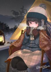 Rule 34 | 1girl, aoshima sakana, beanie, black hair, black pantyhose, blanket, blue jacket, blunt bangs, blush, bush, camping, chair, commission, cup, earmuffs, hat, hatsuyuki (kancolle), highres, holding, holding cup, jacket, kantai collection, lantern, long hair, mittens, mug, night, night sky, outdoors, pantyhose, parted lips, pinecone, plaid, pom pom (clothes), pom pom beanie, sitting, skeb commission, sky, solo, star (sky), starry sky, table, tent, tree