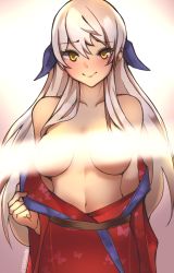 Rule 34 | 1340smile, 1girl, absurdres, animal print, bare shoulders, blush, breasts, breasts out, butterfly print, censored, censored nipples, collarbone, fire emblem, fire emblem: radiant dawn, fire emblem heroes, hair ribbon, highres, japanese clothes, kimono, kimono pull, light censor, light rays, long hair, long sleeves, looking at viewer, medium breasts, micaiah (fire emblem), navel, nervous smile, nintendo, obi, official alternate costume, pulled by self, ribbon, sash, silver hair, simple background, smile, solo, twitter username, wide sleeves, yellow eyes, yukata