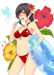 Rule 34 | 1girl, bikini, black hair, breasts, bug, butterfly, cleavage, cowboy shot, floral background, flower, food, front-tie top, glasses, hair flower, hair ornament, hand on own hip, hibiscus, highres, horosuke, innertube, insect, jewelry, looking at viewer, medium breasts, navel, necklace, open mouth, original, popsicle, print bikini, red-framed eyewear, red bikini, red eyes, semi-rimless eyewear, shiny skin, short hair, side-tie bikini bottom, solo, swim ring, swimsuit, tongue, tongue out